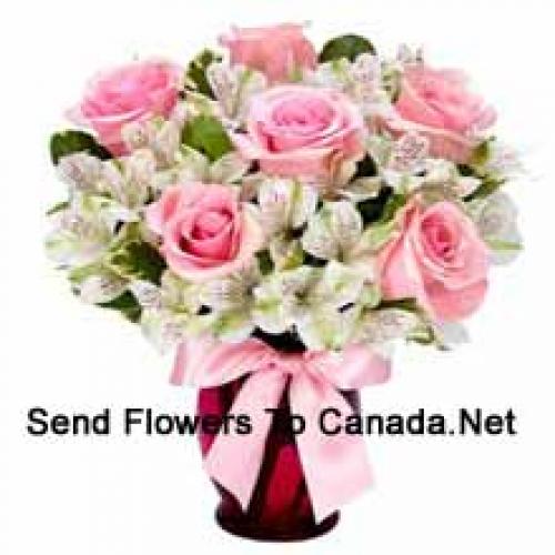 Beautiful Pink Roses and White Alstroemeria