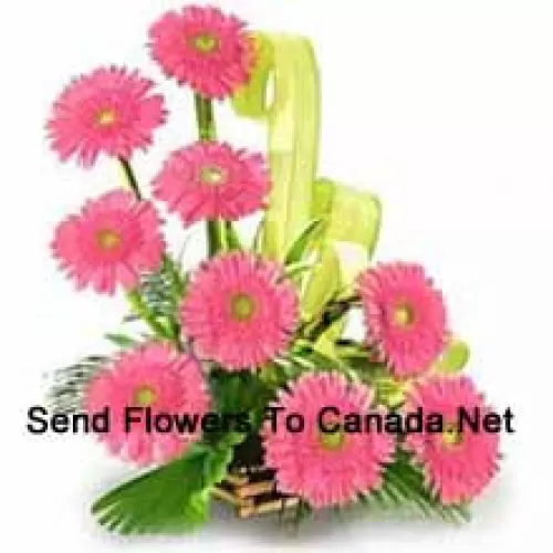 Basket Of 9 Pink Colored Gerberas With Fillers