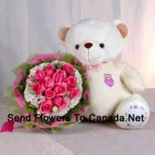 Bunch Of 11 Pink Roses And A Medium Sized Cute Teddy Bear