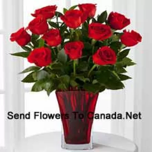 11 Red Roses With Some Ferns In A Vase