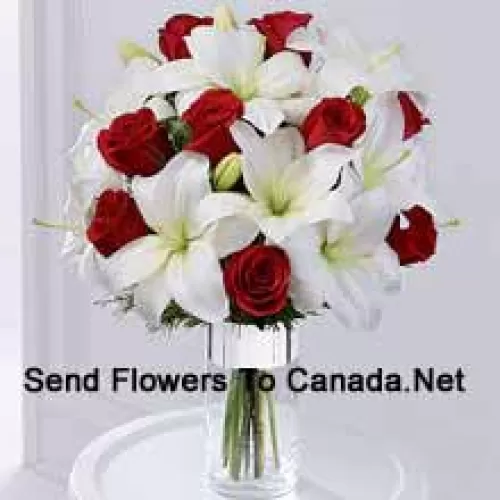 This product is a sleek and elegant way to spread goodwill for the holiday season. Red roses are set to catch the eye arranged amongst white Oriental lilies in a clear glass cylinder vase wrapped in silver ribbon to create a seasonal display of heartfelt wishes for a magical holiday. (Please Note That We Reserve The Right To Substitute Any Product With A Suitable Product Of Equal Value In Case Of Non-Availability Of A Certain Product)