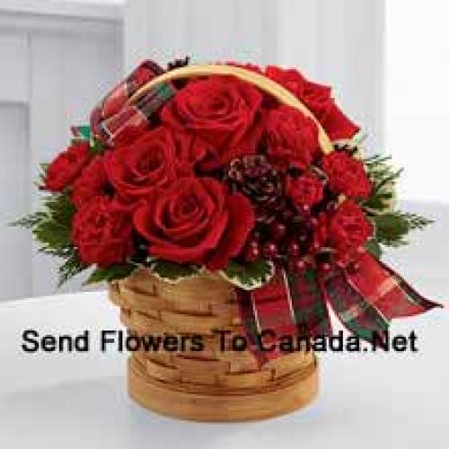 Wooden Basket of Roses and Carnations with Assorted Flowers