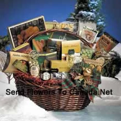 Make a grand holiday statement with this bonanza of good taste. The basket is practically overflowing with edible delights to enjoy. The large features Milk Chocolate Cappuccino Bar, Toasted Wheat Crackers, Brent & Sams All Natural Chocolate Chip Cookies, Munster Cheese Spread, White Cheddar Popcorn, Honey Mustard Pretzel Nuggets, Wasabi Peanut Crunch, Alaska Smoked Salmon, Chocolate Creme Puffs, Cranberry Supreme Fruit and Nut Mix, Sweet Polenta Jalapeno Cheese Straws, Pacific Roast Premium Coffee, Gourmet Burgundy Wine Jelly, Imported Italian Hazelnut Wafer Cookie, English Almond Toffee, Ghirardelli Milk Chocolate Caramel Squares, 5 Peach Apricot Teabags, Cherrydale Milk Chocolate Colonial Crisps, Cinnamon Pecan Biscotti, Golden Walnut Caramel Filled Shortbread Cookies, Imported Grissini Style Sesame Breadsticks, Natural Pistachio Nuts, Praline Shortbread Cookies, and Old Fashioned Ribbon Candy. (Please Note That We Reserve The Right To Substitute Any Product With A Suitable Product Of Equal Value In Case Of Non-Availability Of A Certain Product)